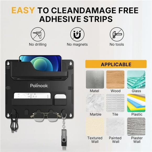 Bedside wall mount shelf phone holder organizer with hooks bedroom storage rack - Picture 7 of 8